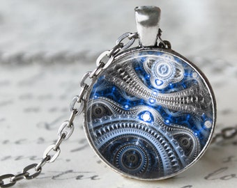 Clockwork Necklace, Pendant or Key Chain - Steampunk Pendant, Steampunk Necklace, Steampunk Key Chain - Silver and Blue