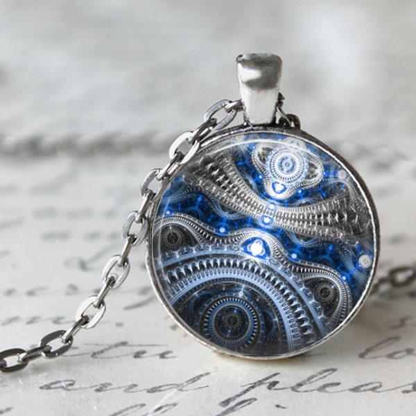 Clockwork Necklace, Pendant or Key Chain - Steampunk Pendant, Steampunk Necklace, Steampunk Key Chain - Silver and Blue