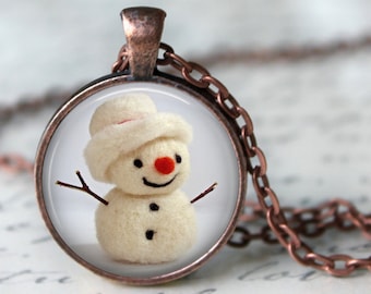 Felted Snowman  Image- Winter Necklace, Pendant or Key Chain - Snowman Necklace, Snowman Pendant, Holiday Jewelry, Winter Key Chain