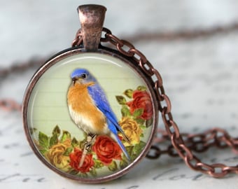 Little Blue Bird Pendant, Necklace or Key Chain - Choice of 4 Colors - 1 Inch Round