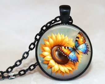 Sunflower with Butterfly Necklace, Pendant or Key Chain, Sunflower Necklace, Butterfly Pendant, Sunflower Key Chain, Spring, Butterflies