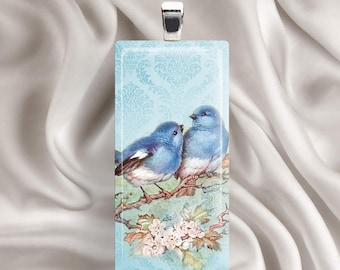 Blue Birds Glass Tile Pendant Necklace - Nature, Branch, Flowers, Vintage style