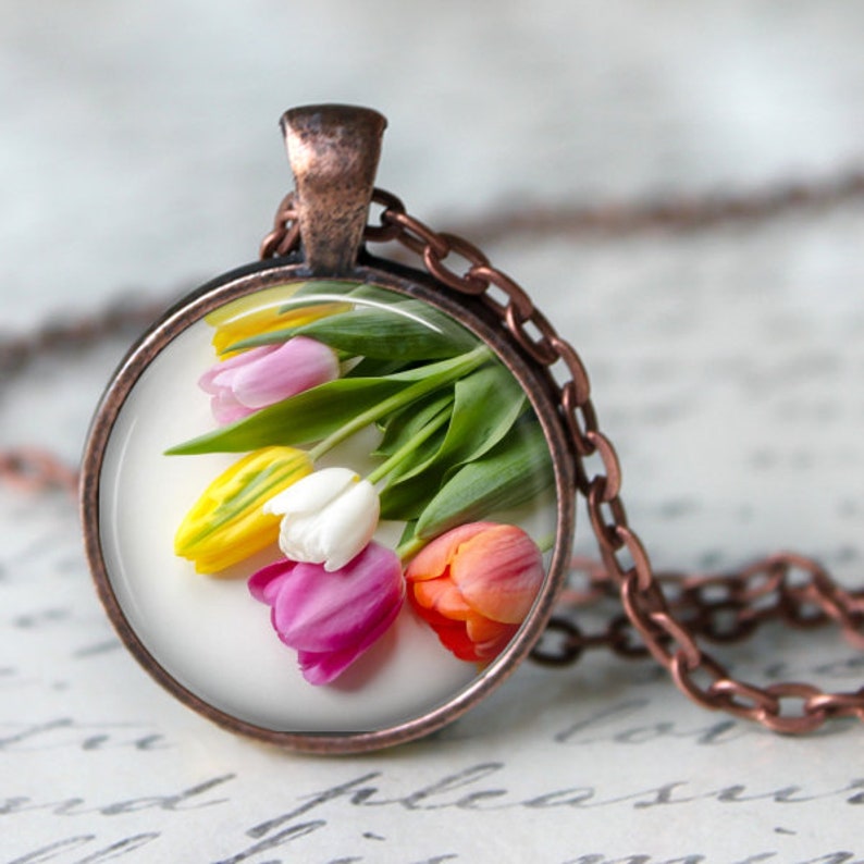 Tulip Necklace, Vibrant Tulips Pendant Necklace, Flower Pendant, Colorful Tulips, Tulip Key Chain, Spring Jewelry, Tulip Jewelry image 3