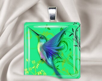 Jeweled  Hummingbird  Glass Tile Pendant Necklace - Hummingbird pendant, Hummingbird Necklace