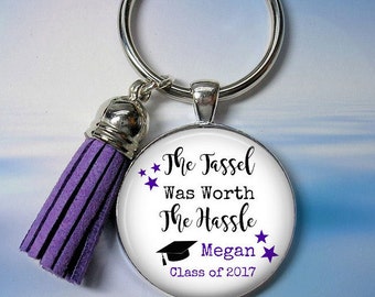 Custom Graduation Key Chain with Tassel - The Tassel was Worth the Hassle with Name and Graduation Year - Choice of 12 Colors - Name, Date