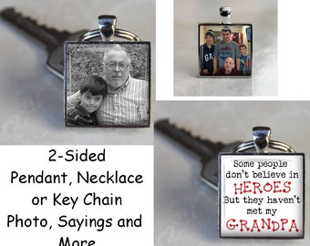 Custom Double Sided Square Pendant, Necklace or Key Chain - Choice of two photos or several different sayings