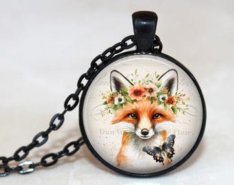 Fox Necklace, Fox Pendant, Fox Key Chain, Red Fox, Floral Fox, Butterfly, Animal Lovers, Fox Lovers, Fox Jewelry, Forest Friend
