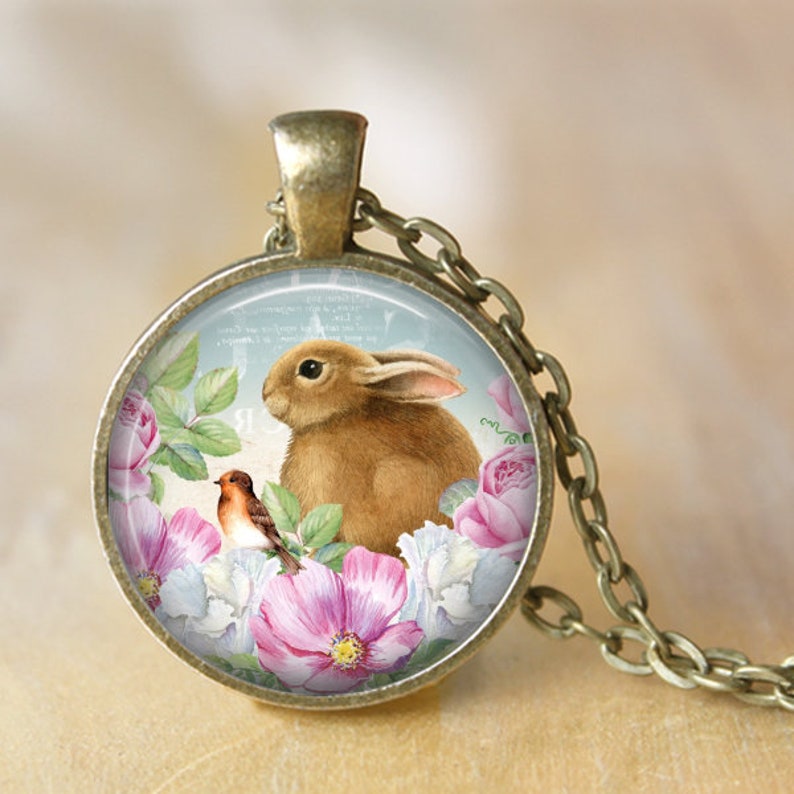 Bunny Necklace, Easter Necklace, Bunny Pendant, Rabbit Necklace, Rabbit and Bird, Spring Flowers, Easter Key Chain, Easter Gift, Flowers image 2