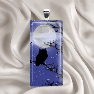 May include: A glass pendant featuring a silhouette of an owl perched on a branch with a full moon in the background. The pendant has a silver bail and a blue background with white stars.