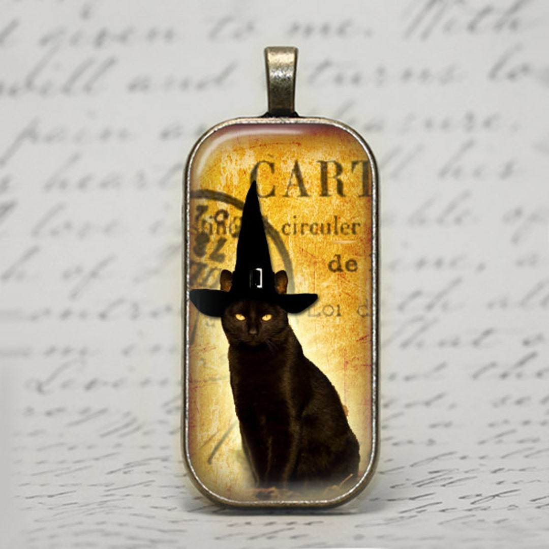 Witchy Cat - Halloween - Black Cat - Rounded Rectangle Glass Pendant in ...