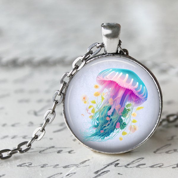 Jellyfish Necklace, Jellyfish Pendant, Jellyfish Key Chain, Jellies, Ocean, Flowers, Pastels, Jelly fish, Jellyfish Jewelry, Sea Life,Serene