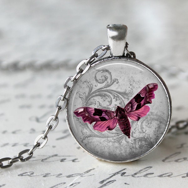 Pink Moth Pendant, Necklace or Key Chain - Butterfly Pendant, Butterfly Necklace, Moth Pendant, Moth Key Chain, Moth Necklace, Pink and Grey