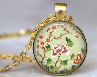 Sakura Garden in Green Necklace, Sakura Flowers Necklace, Cherry Blossom Pendant, Sakura Flower Key Chain, Flower Pendant, Japanese Garden