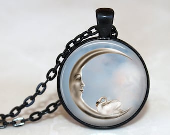 Moon Swan Pendant, Necklace or Key Chain - 1 Inch Round - Choice of Bezel Color - Celestial