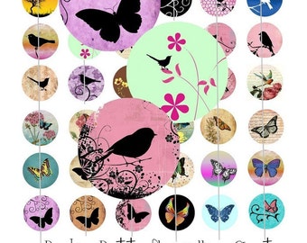 Digital Collage Sheet - Birds and Butterflies - 1 Inch Circles - Instant Download