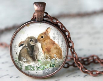 Bunny Love - Bunny Necklace, Bunny Pendant, Bunny Key Chain, Rabbits, Vintage Image, Rabbit Necklace, Rabbit Jewelry