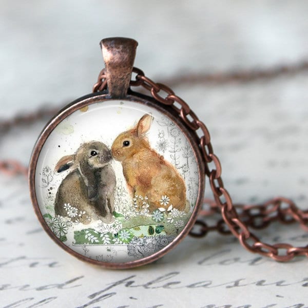 Bunny Love - Bunny Necklace, Bunny Pendant, Bunny Key Chain, Rabbits, Vintage Image, Rabbit Necklace, Rabbit Jewelry