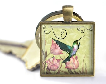 Hummingbird Garden Pendant, Necklace or Key Chain - Choice of Silver, Bronze, Coopper or Black