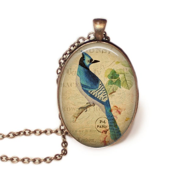 Blue Jay Pendant, Blue Jay Necklace, Bird Necklace, Vintage Blue Jay, Blue Jay Key Chain, Oval Necklace, Bird Jewelry, Vintage Image