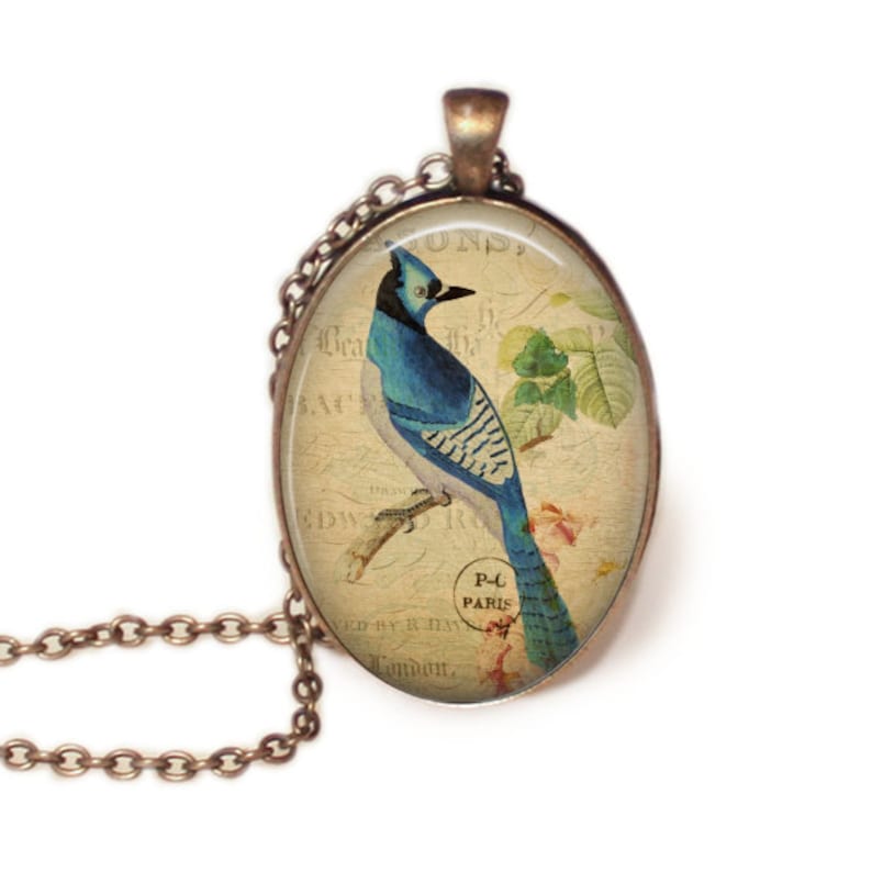 Blue Jay Pendant, Blue Jay Necklace, Bird Necklace, Vintage Blue Jay, Blue Jay Key Chain, Oval Necklace, Bird Jewelry, Vintage Image image 1