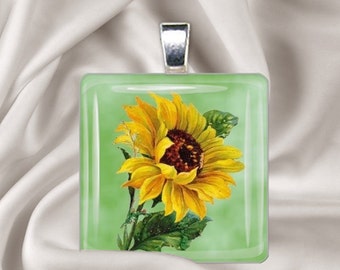 Painted Sunflower - Glass Tile Pendant Necklace