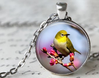 Little Yellow Bird Pendant - Bird Necklace, Bird Key Chain, Pink Flowers, Yellow Bird, Bird Jewelry, Bird Lovers, Summer, Spring