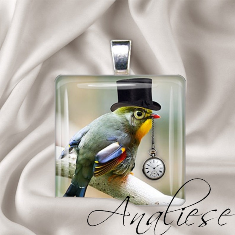 The Time Keeper Steampunk Bird Pendant Square Glass Tile Pendant Necklace image 2