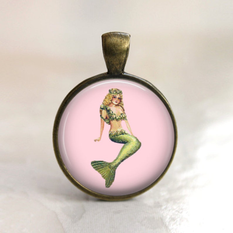 Vintage Mermaid in Pink Mermaid Necklace, Mermaid Key Chain, Mermaid Pendant Choice of Setting Color image 3