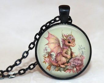 Dragon Necklace, Dragon Pendant, Dragon Key Chain, Garden Dragon, Magical, Mystical, Dragon Jewelry, Dragon Lovers, Cute, Floral, Pastels