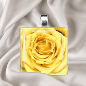 Yellow Rose  Glass Tile Pendant Necklace