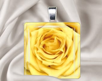 Yellow Rose  Glass Tile Pendant Necklace