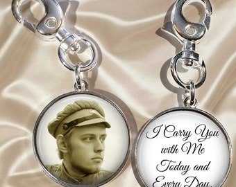 Custom Wedding Bouquet Charm - Double Sided with Photo and Saying - I Carry You with Me Today and Every Day - Optional Crystal