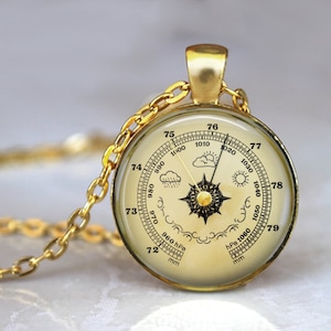 Weather Barometer Image Pendant, Necklace or Key Chain - Meteorology, Weather Necklace, Barometer Necklace, Weather Key Chain, Shiny Gold
