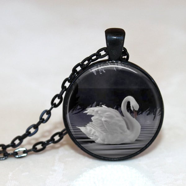 Swan  Pendant, Swan Necklace, Swan Key Chain - Artist's Glass Tile Pendant Necklace - AshenSorrowDesign