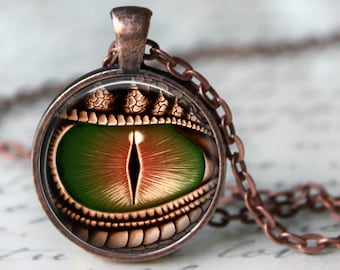 Dragon's Eye in Copper and Green Pendant, Necklace or Key Chain - Choice of Silver, Bronze, Copper or Black Setting - Fantasy, Dragon