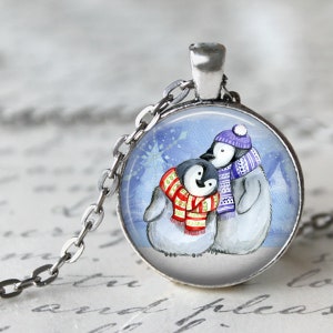 Penguin Pair - Penguin Necklace, Penguin Pendant, Penguin Key Chain, Penguin Jewelry, Christmas, Holidays, Winter Necklace, Snowflakes