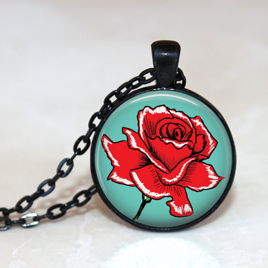 Red Rose on Turquoise Blue Retro Rose Pendant Necklace or - Etsy