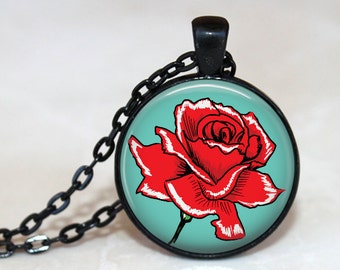 Red Rose on Turquoise Blue - Retro Rose -  Pendant Necklace or Key Chain - Choice of 4 Bezel Colors