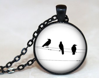 Birds on Wires Pendant, Necklace or Key Chain - Choice of 4 Bezel Colors - Black & White