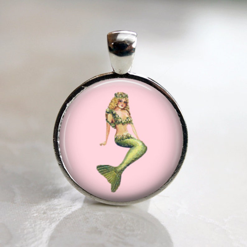 Vintage Mermaid in Pink Mermaid Necklace, Mermaid Key Chain, Mermaid Pendant Choice of Setting Color image 2