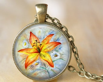 Tiger Lily Pendant, Necklace or Key Chain - Flowers - Painted Tiger Lily - Lily Pendant, Lily Necklace, Tiger Lily Key Chain