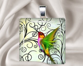 Rainbow Hummingbird  Glass Tile Pendant Necklace