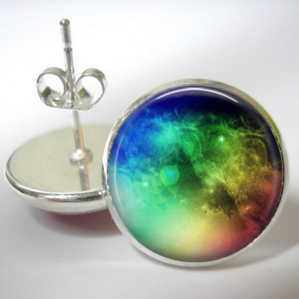 Space Rainbow - Button Stud Earrings - Silver Finish - Matching Pendant Available - 12mm Stud Earrings, Small Stud Earrings, Space Earrings