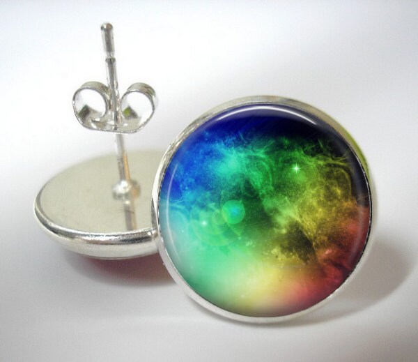 Space Rainbow - Button Stud Earrings - Silver Finish - Matching Pendant Available - 12mm Stud Earrings, Small Stud Earrings, Space Earrings