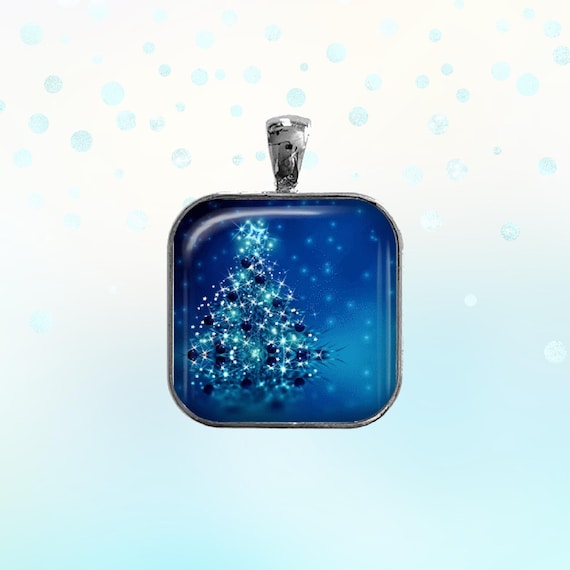 Christmas Necklace,Blue Christmas Tree,Holiday Pendant, Christmas Pendant, Snow, Winter, Holiday Jewelry,Christmas Tree, Blue Tree, Key Ring