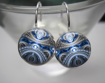 Clockwork Steampunk Pendientes - Botón Stud o Leverback Pendientes - Acabado plata - SIlver y Blue Steampunk