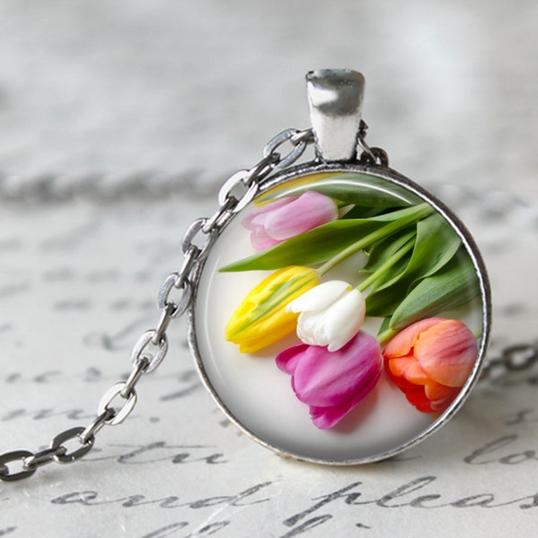 Tulip Necklace, Vibrant Tulips Pendant Necklace, Flower Pendant