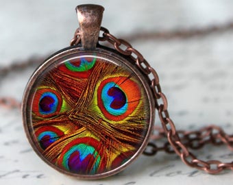 Rainbow Peacock Feathers Pendant, Necklace or Key Chain - Choice of Silver, Bronze, Copper or Black
