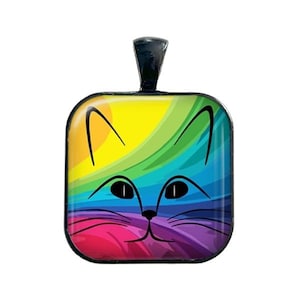 Rainbow Cat - Glass Tile Pendant Necklace