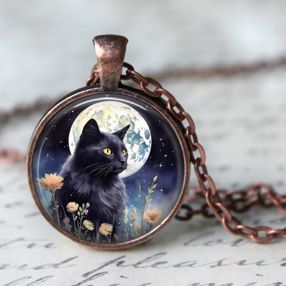 Celestial Black Cat on the Moon Necklace Celestial Black Cat on the Moon Necklace